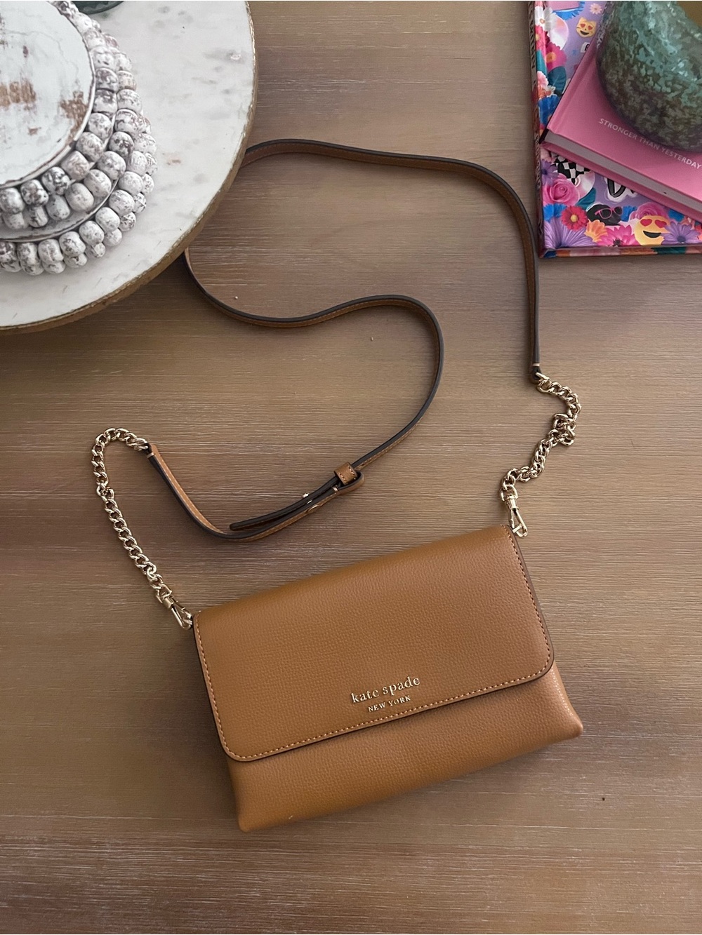 NWOT kate spade Cognac Leather Crossbody with Gold Chain